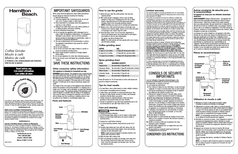 Page 1 de la notice Manuel utilisateur Hamilton Beach Fresh Grind 80333