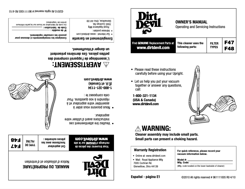 Page 1 de la notice Manuel utilisateur Dirt Devil Sd40025 Quick Power