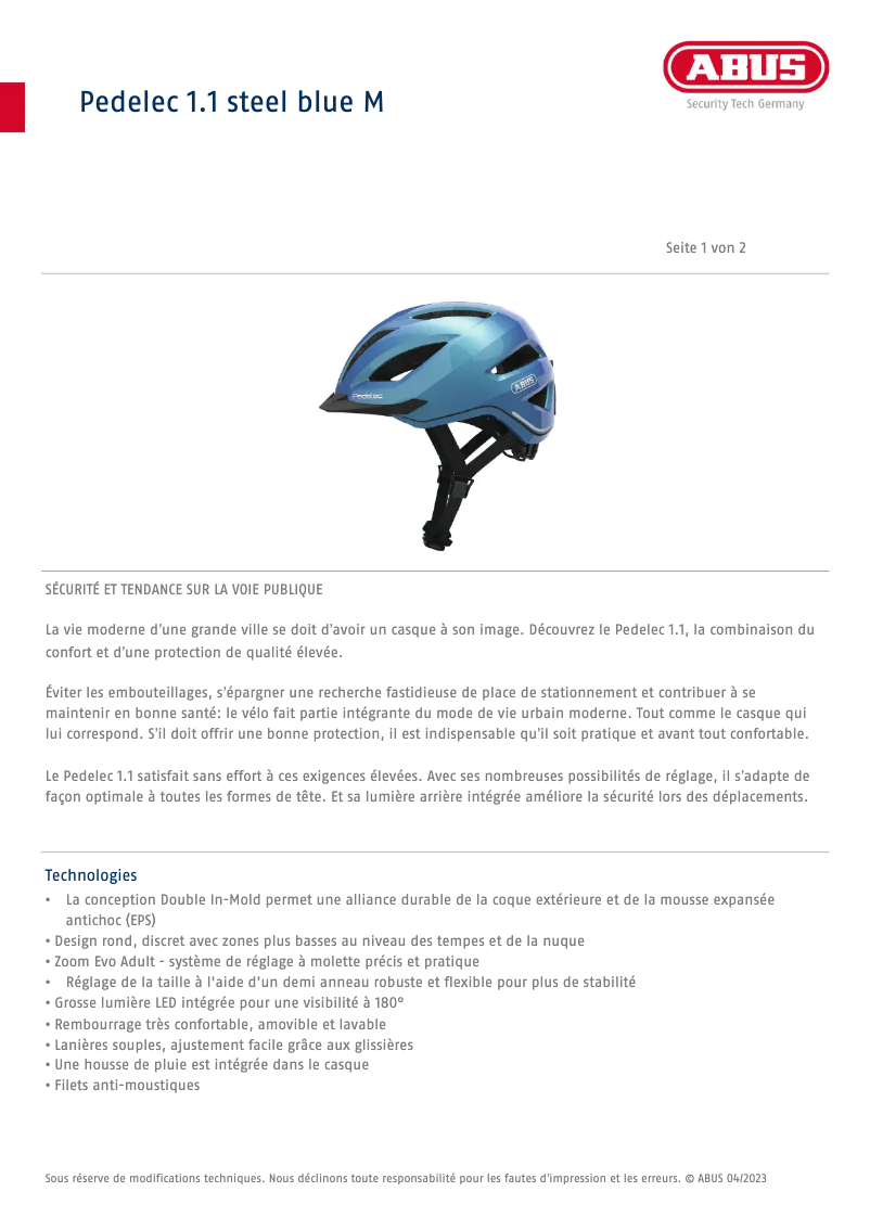 Página 1 del manual Ficha técnica Abus Pedelec 1.1