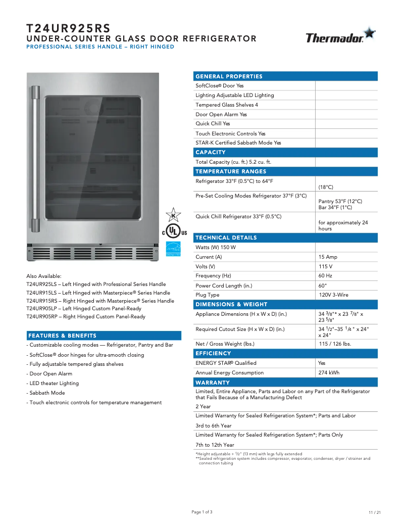 Page n°1 - Fiche technique Thermador T24UR925RS