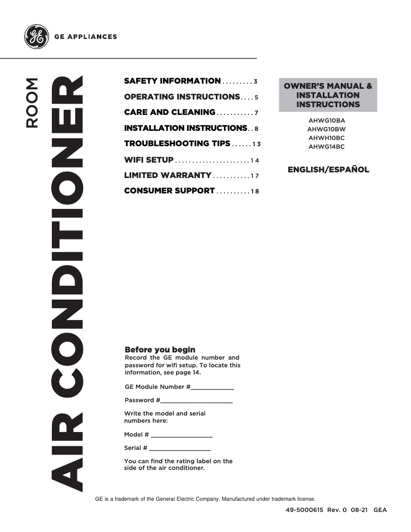 Page 1 de la notice Manuel d'utilisation et d'entretien GE AHWG10BA