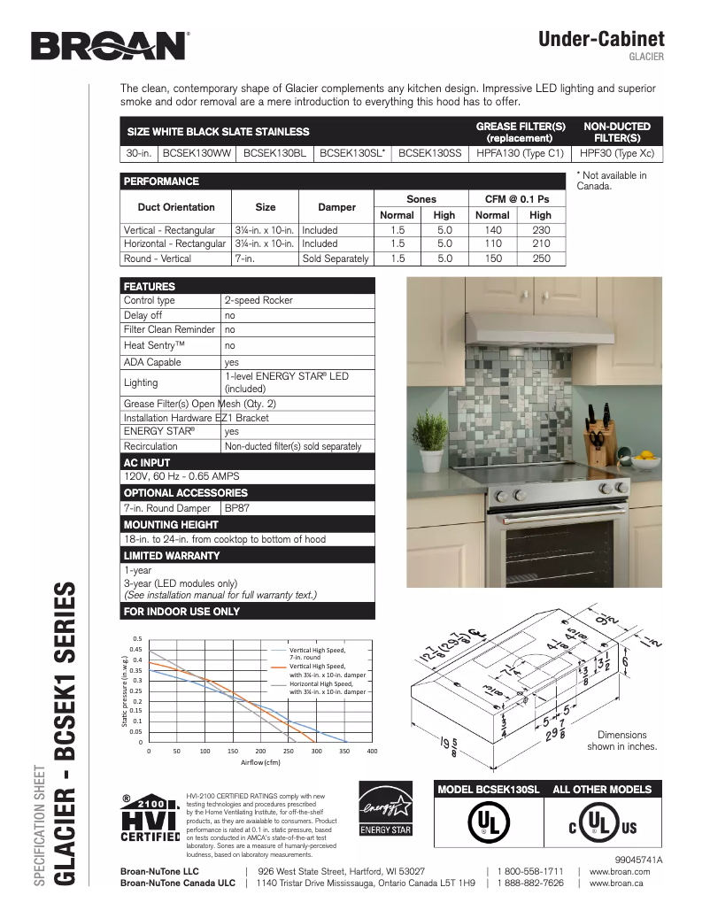 Page n°1 - Fiche technique Broan BCSEK130WW
