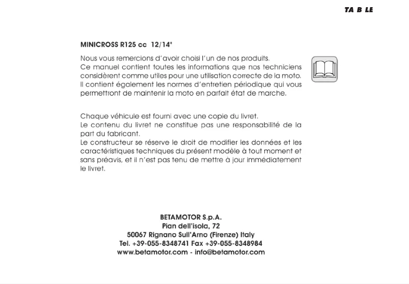 Page 1 de la notice Manuel utilisateur Beta Minicross R 125 (2008)