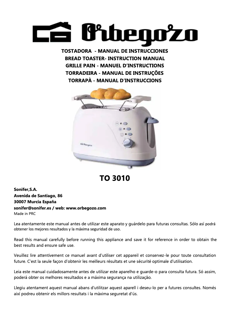 Page 1 de la notice Manuel utilisateur Orbegozo TO 3010