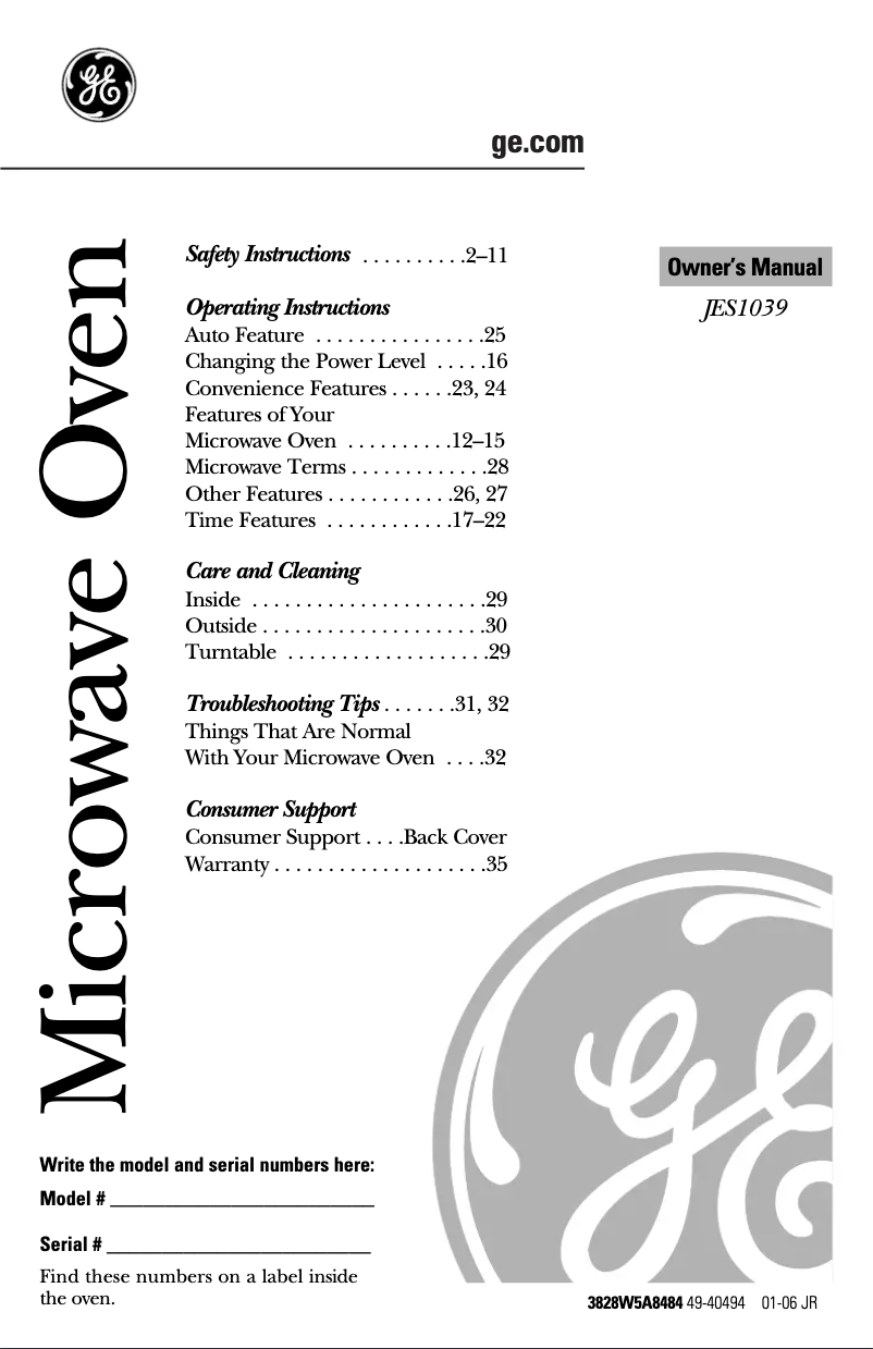 Page n°1 - Manuel d'utilisation et d'entretien GE JES1039WJ