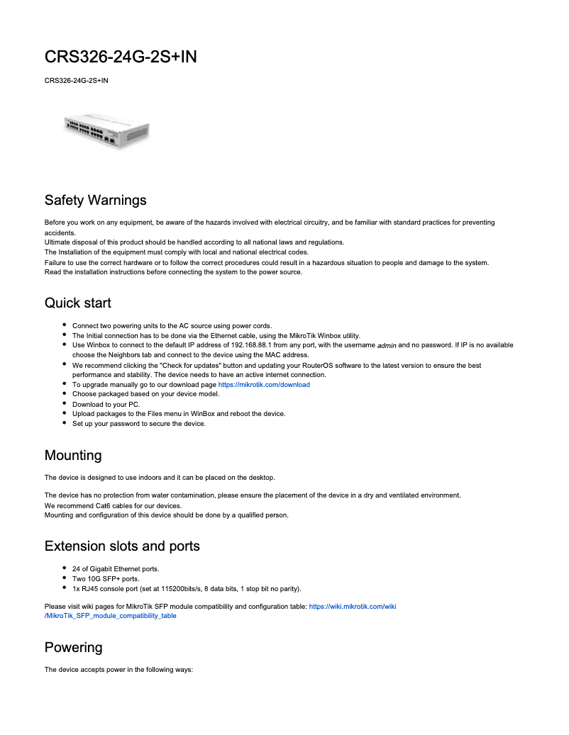 First page image of the manual for CRS326-24G-2S+IN