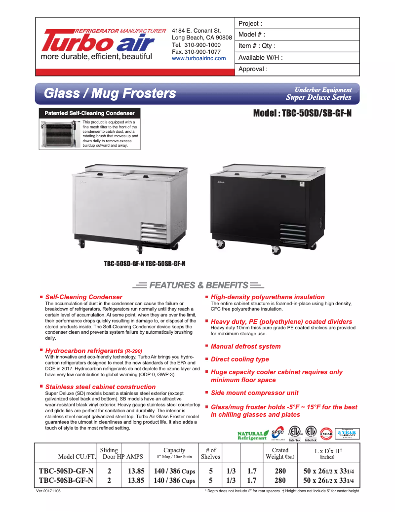 Page 1 de la notice Fiche technique Turbo air TBC-50SB-GF