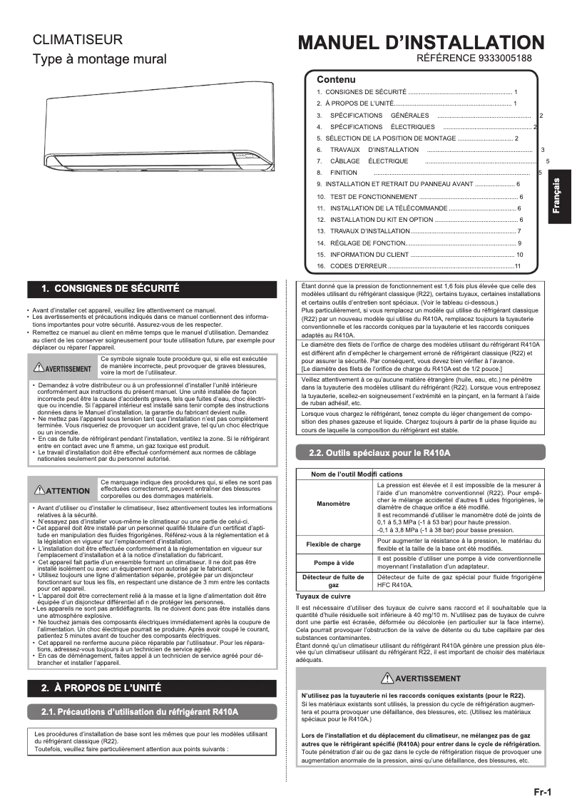 Page 1 de la notice Manuel utilisateur Fujitsu ASYG12LMCE