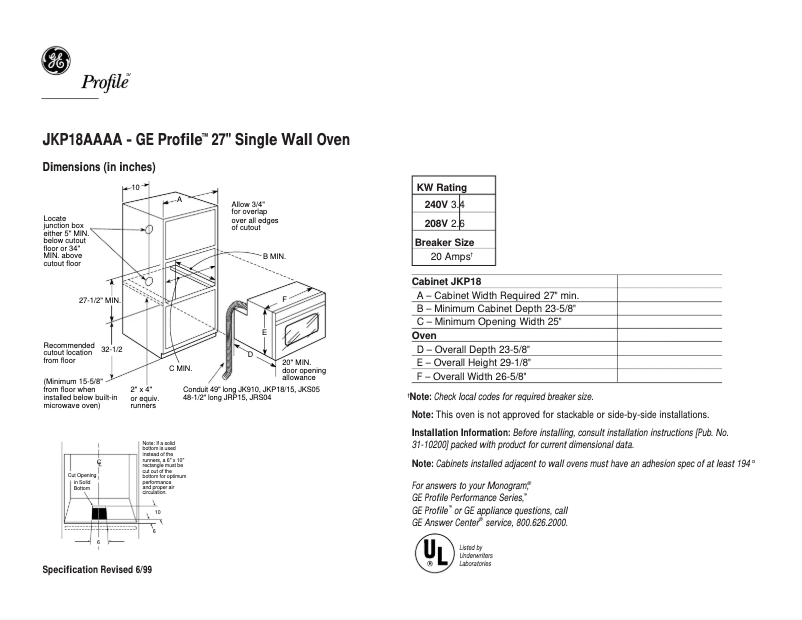 Page n°1 - Fiche technique GE Profile JKP18AAAA