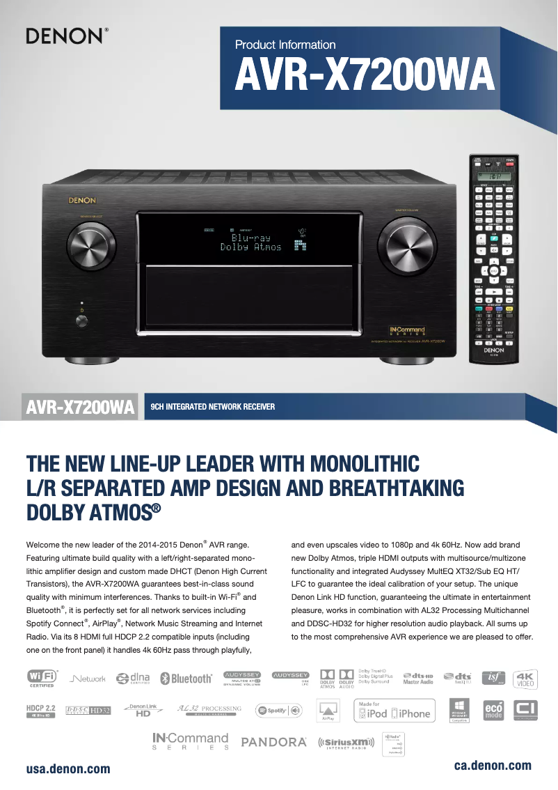 Page 1 de la notice Fiche technique Denon AVR-X7200WA