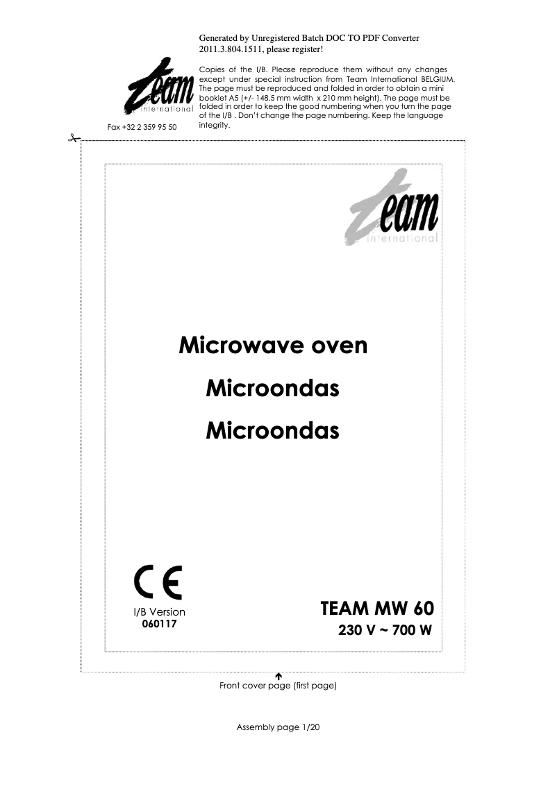 Image de la première page du manuel de l'appareil MW 60