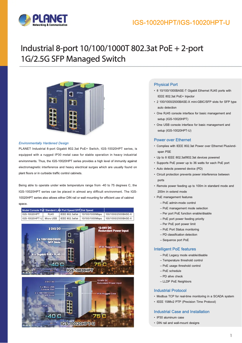 Page 1 de la notice Fiche technique Planet IGS-10020HPT-U