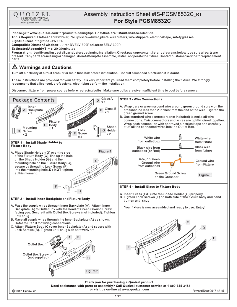 Page 1 de la notice Manuel utilisateur Quoizel PCSM8532C