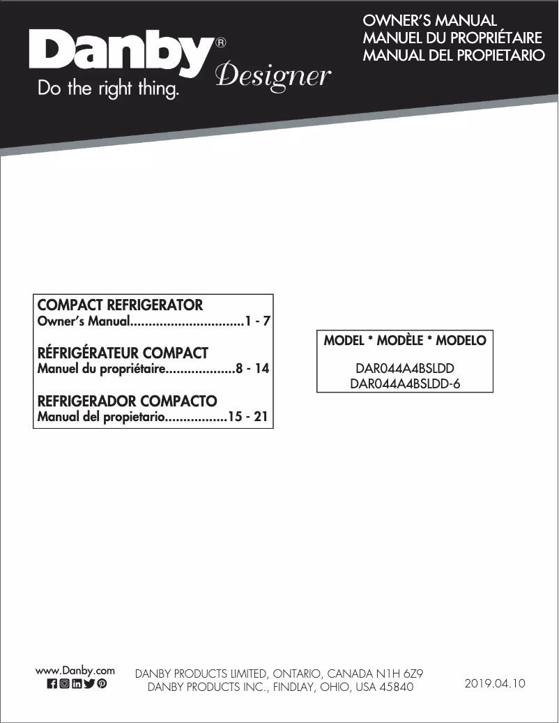 Page 1 de la notice Manuel utilisateur Danby Designer DAR044A4BSLDD-6