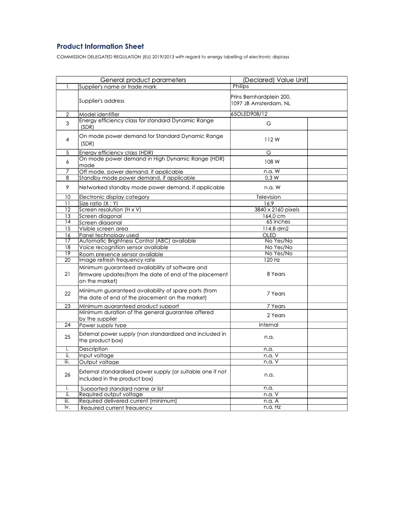 Page n°1 - Fiche technique Philips 65OLED908