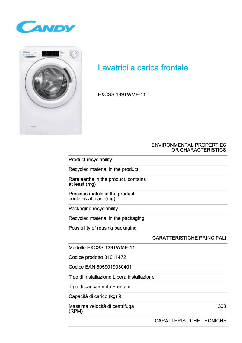 Page 1 de la notice Fiche technique Candy EXCSS 139TWME