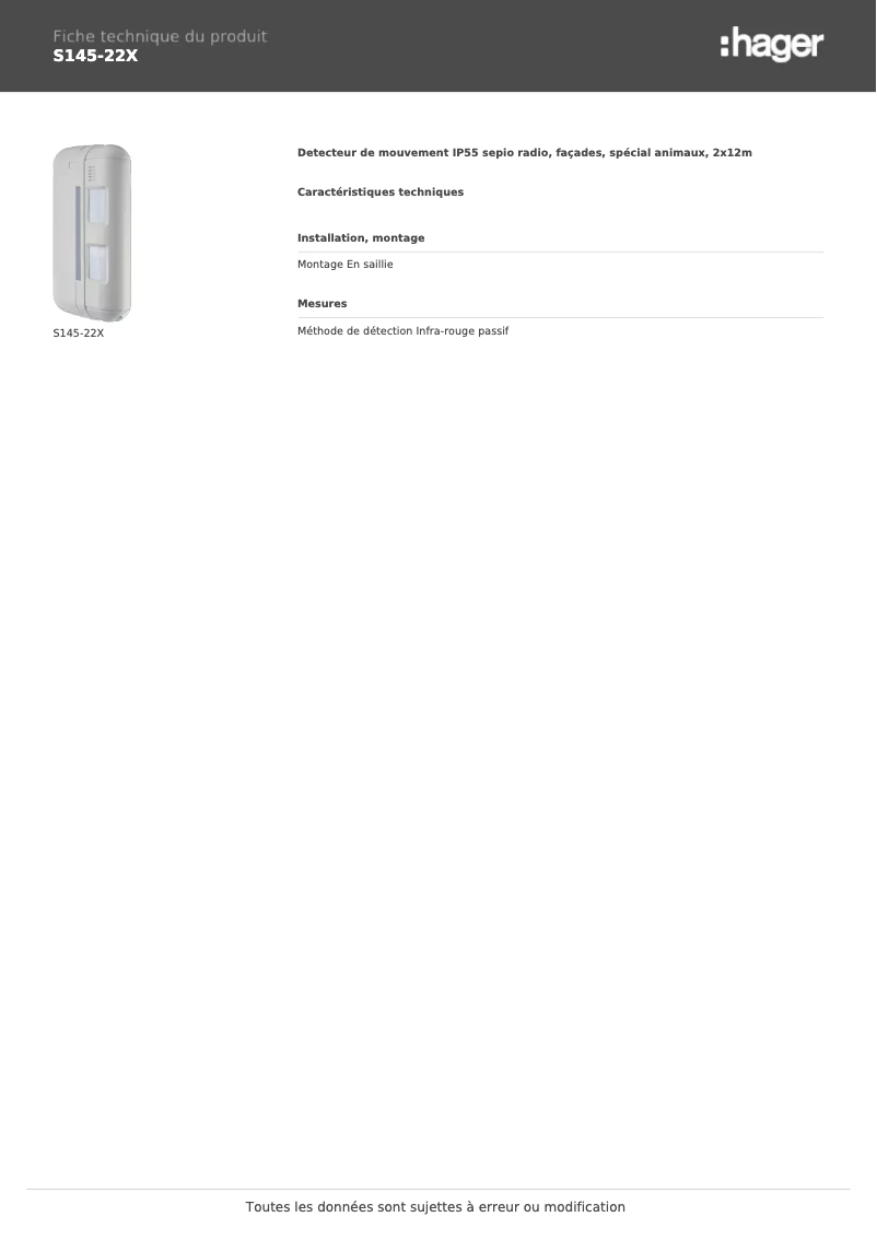 Page 1 de la notice Fiche technique Hager S145-22X