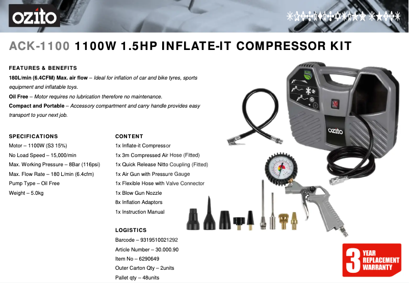 Page n°1 - Fiche technique Ozito ACK-1100