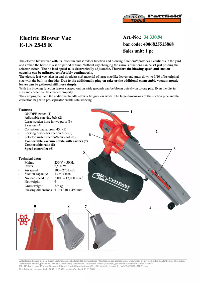 Page 1 de la notice Fiche technique Ergotools Pattfield E-LS 2545 E
