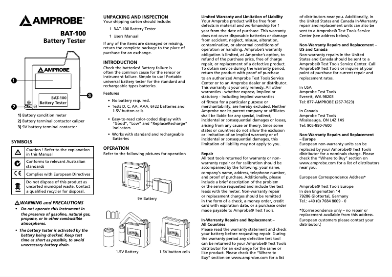 Page 1 de la notice Manuel utilisateur Amprobe BAT-100