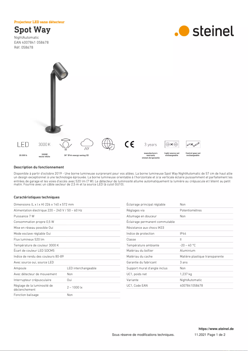Page 1 de la notice Fiche technique Steinel Spot Way