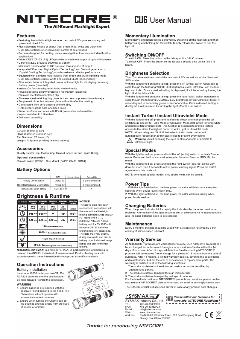 Page n°1 - Manuel utilisateur Nitecore Chameleon CU6