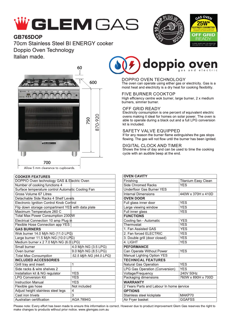 Page n°1 - Fiche technique Glem Gas GB765DOP
