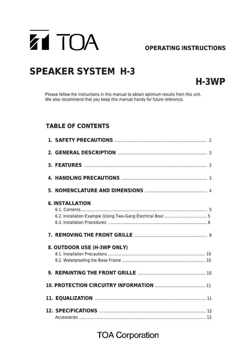 Page 1 de la notice Manuel utilisateur TOA H-3WP