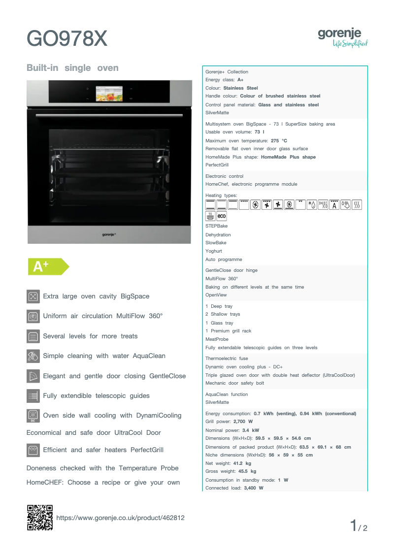 Página 1 del manual Ficha técnica Gorenje GO978X