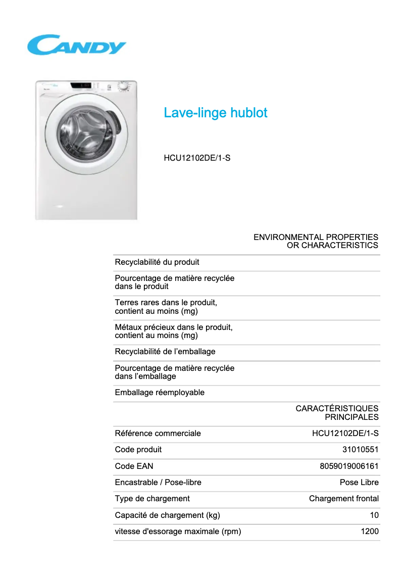 Page 1 de la notice Fiche technique Candy HCU12102DE/1-S