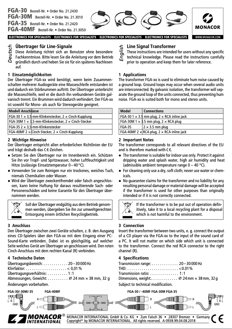 Page 1 de la notice Manuel utilisateur Monacor FGA-30M