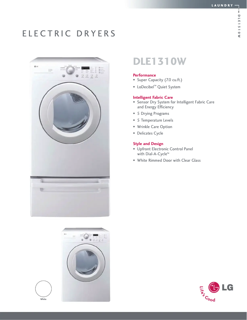 Page 1 de la notice Fiche technique LG DLE1310W