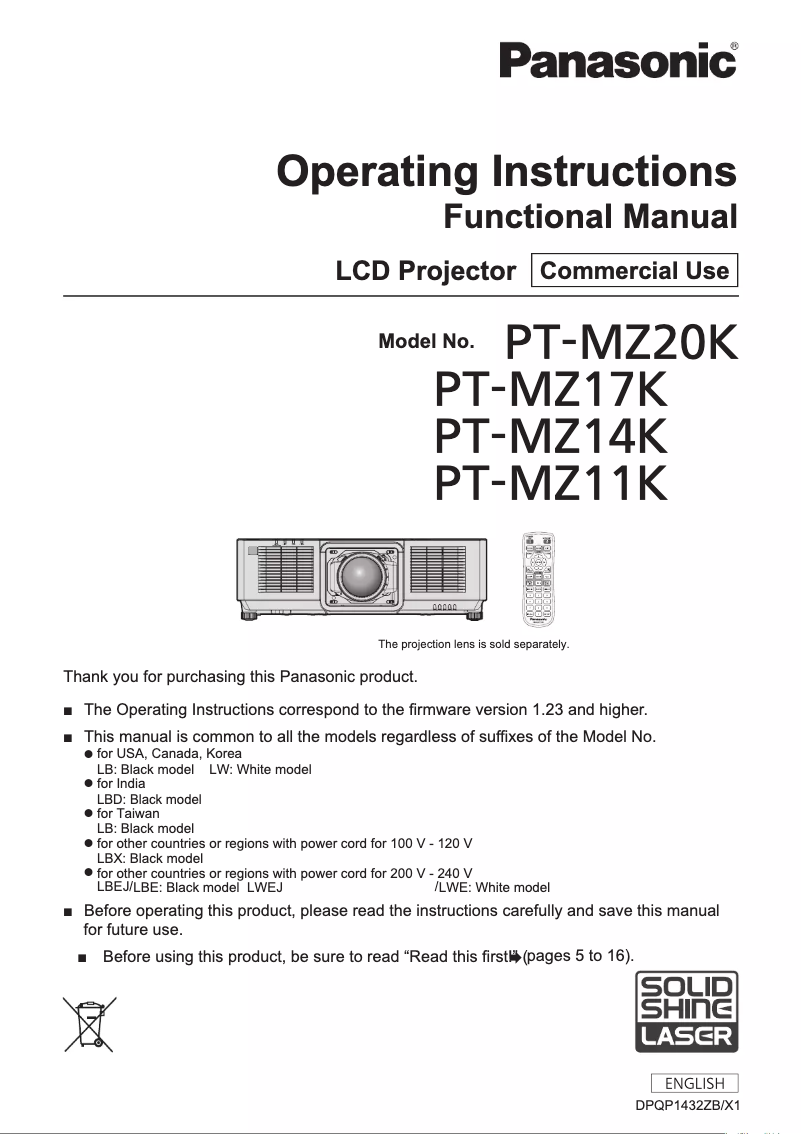 Page 1 de la notice Manuel utilisateur Panasonic PT-MZ20K