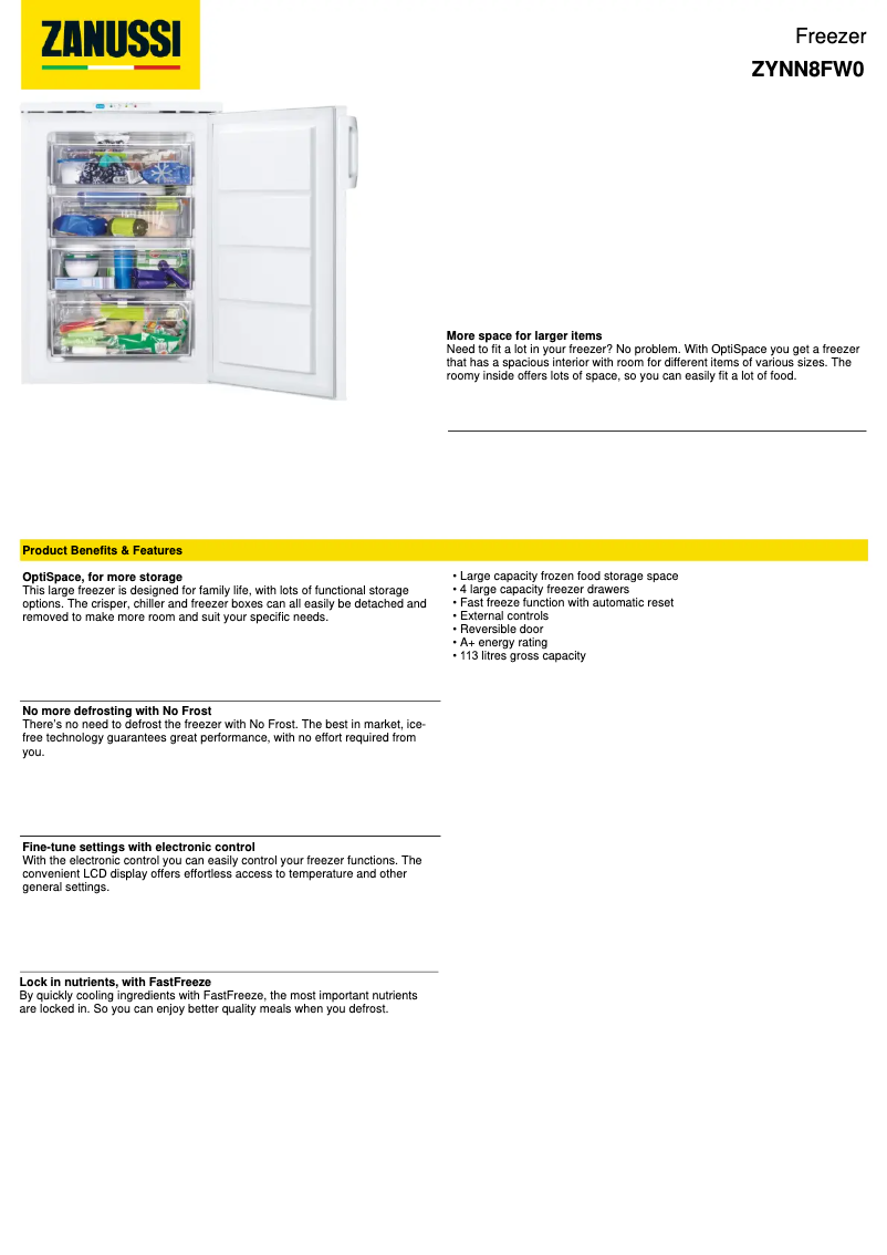Page n°1 - Fiche technique Zanussi ZYNN8FW0
