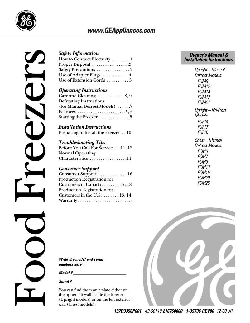 Page n°1 - Manuel d'utilisation et d'entretien GE FUM5SARWH