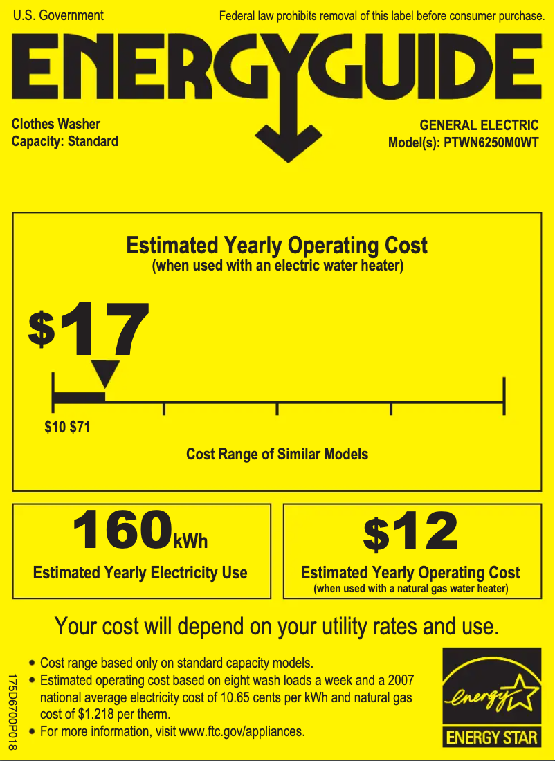 Página 1 del manual Etiqueta energética GE PTWN6250MWT