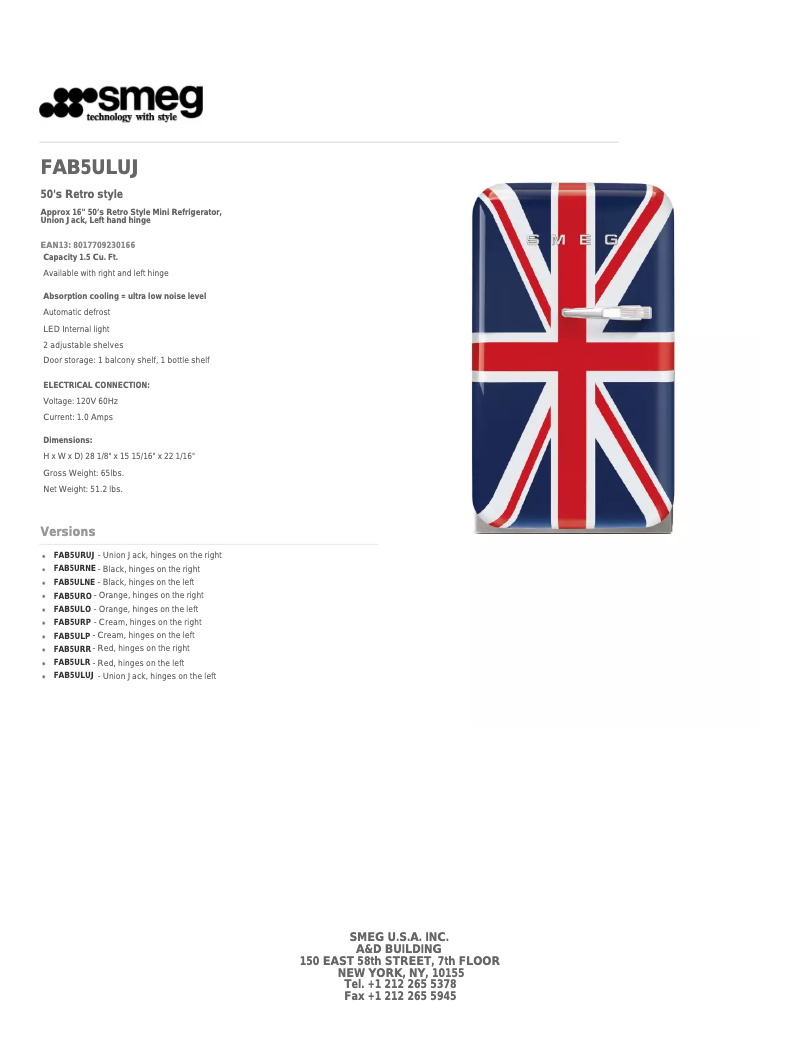 Página 1 del manual Ficha técnica Smeg FAB5ULUJ