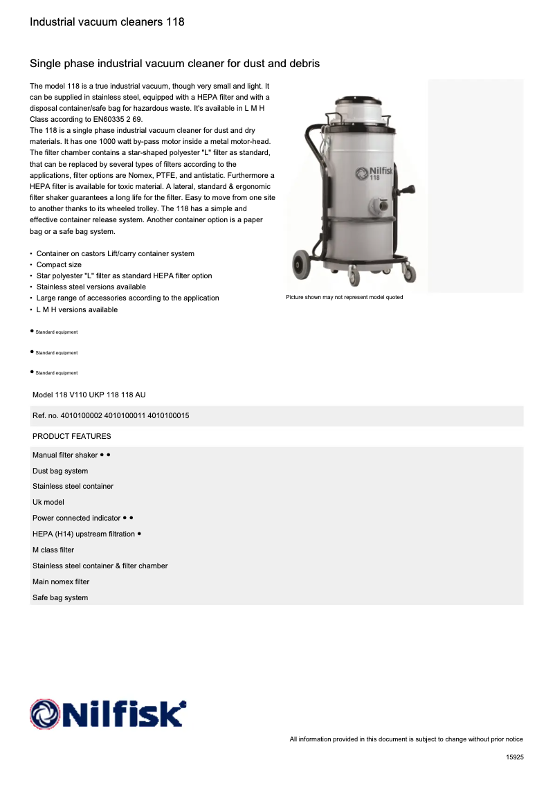 Página 1 del manual Ficha técnica Nilfisk 118