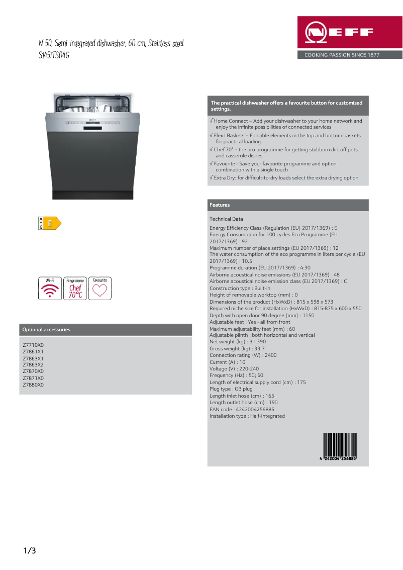 Page 1 de la notice Fiche technique Neff S145ITS04G