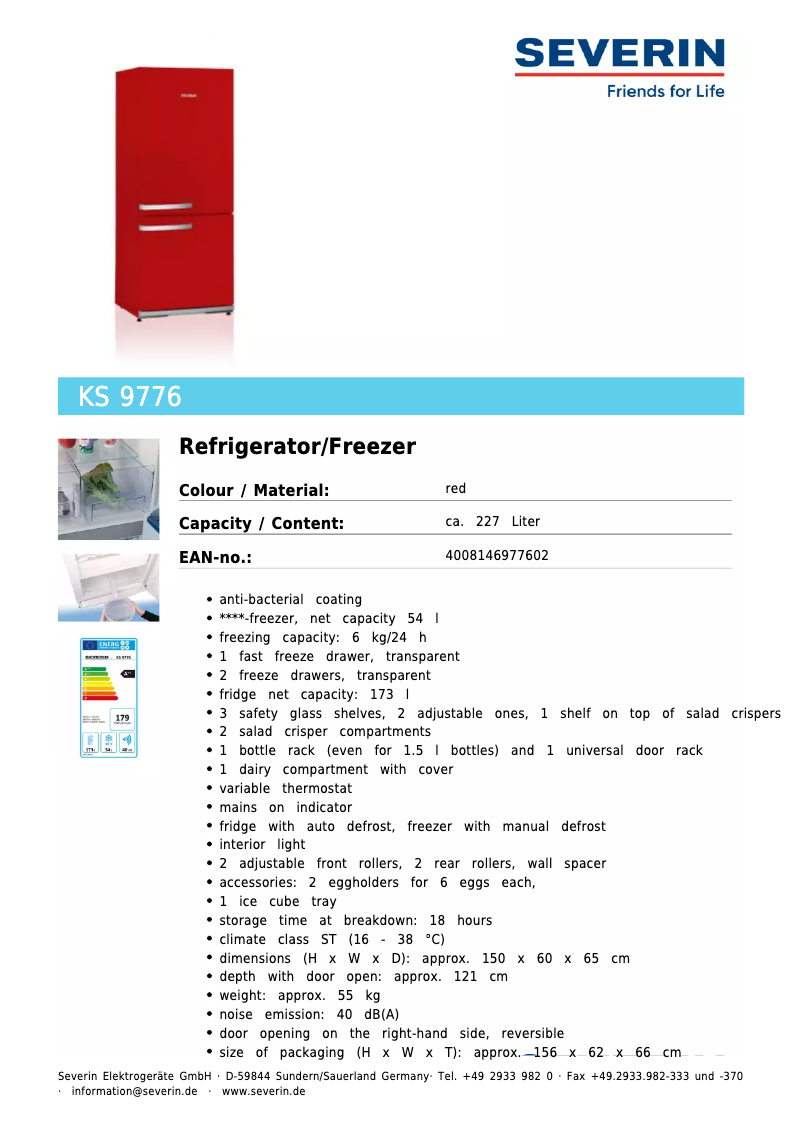 Page 1 de la notice Fiche technique Severin KS 9776