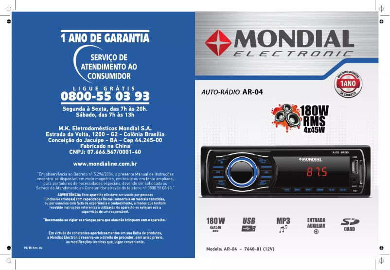 Page 1 de la notice Manuel utilisateur Mondial AR-04