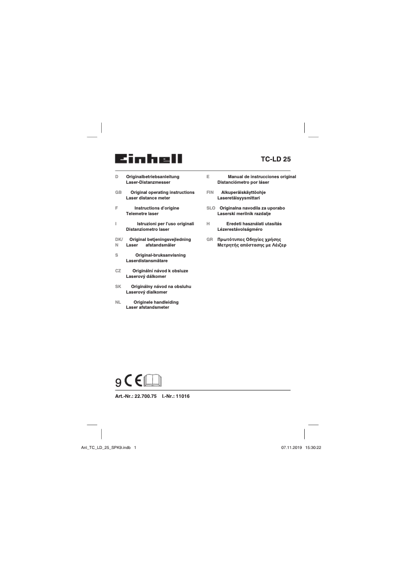 Page 1 de la notice Manuel utilisateur Einhell TC-LD 25