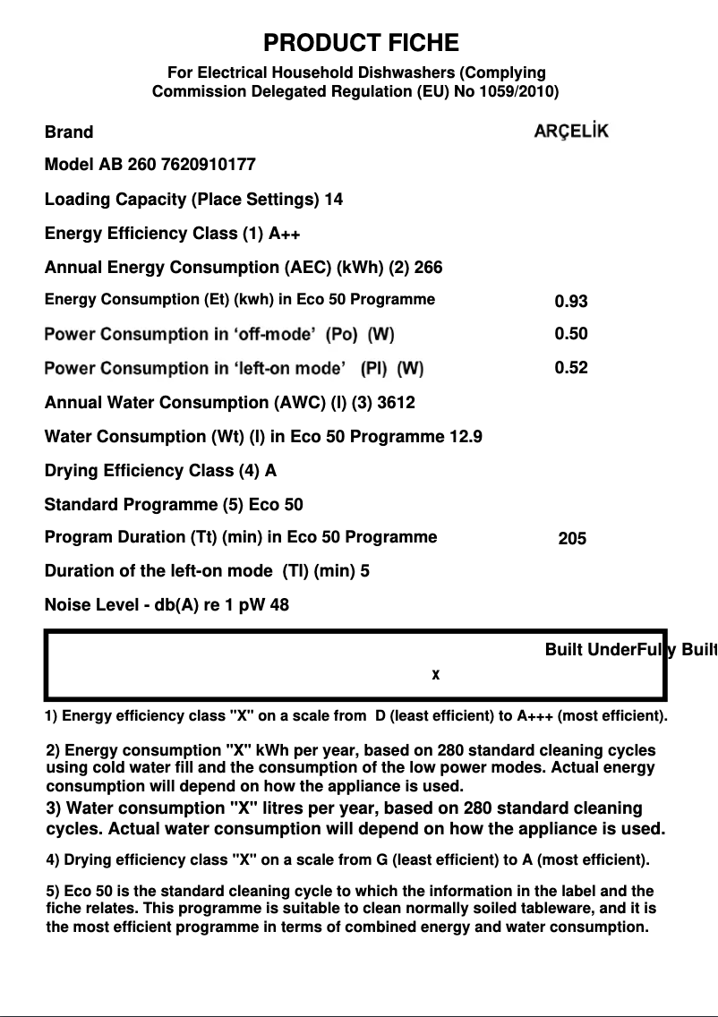 Page 1 de la notice Fiche technique Arçelik AB 260