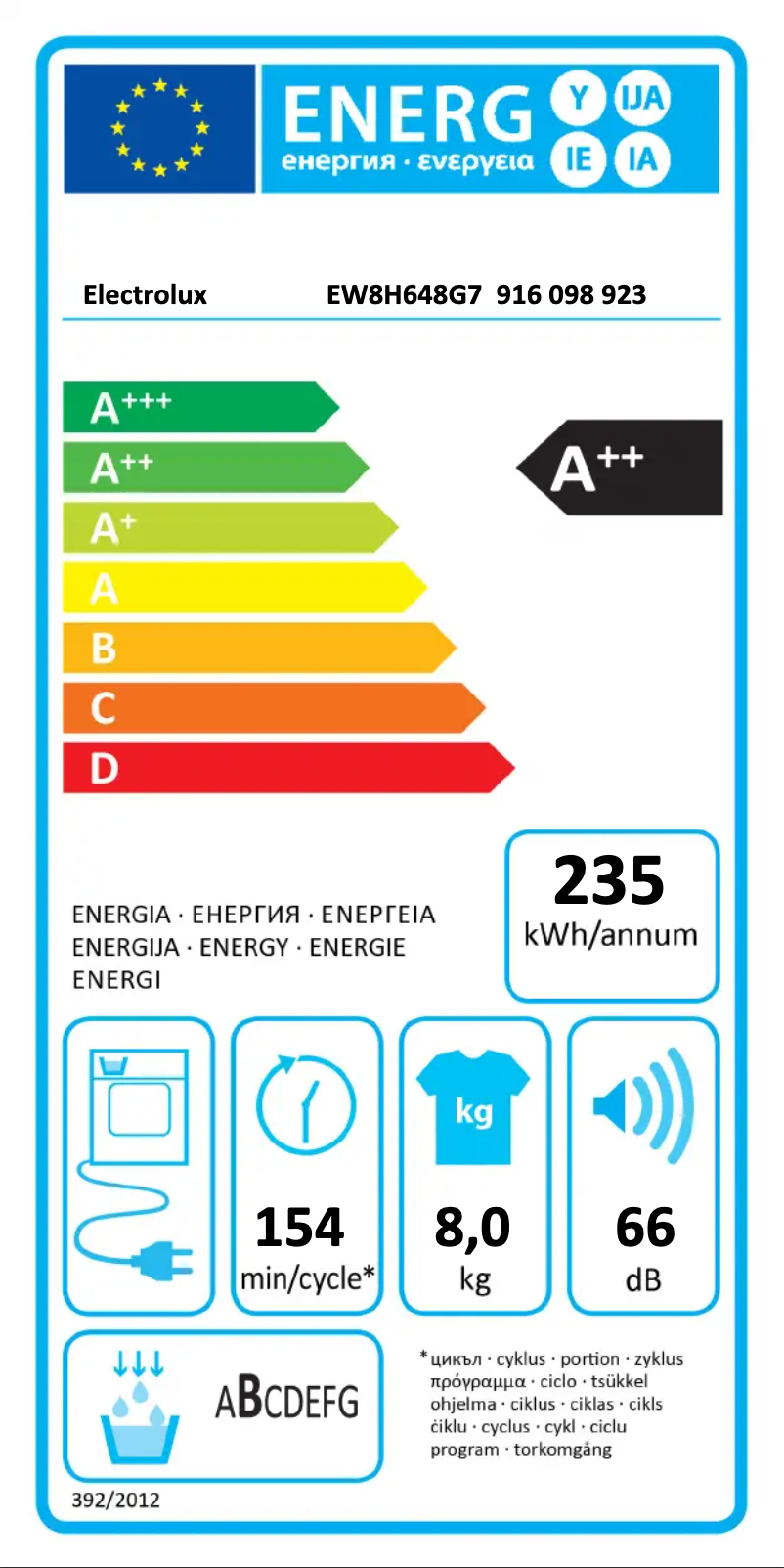 Page n°1 - Label énergétique Electrolux EW8H648G7
