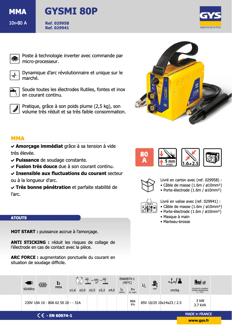 Page 1 de la notice Fiche technique GYS GYSMI 80P
