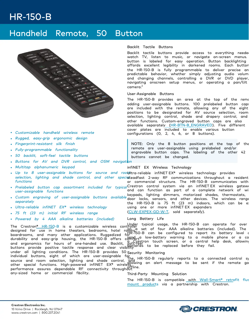 Page 1 de la notice Fiche technique Crestron HR-150-B