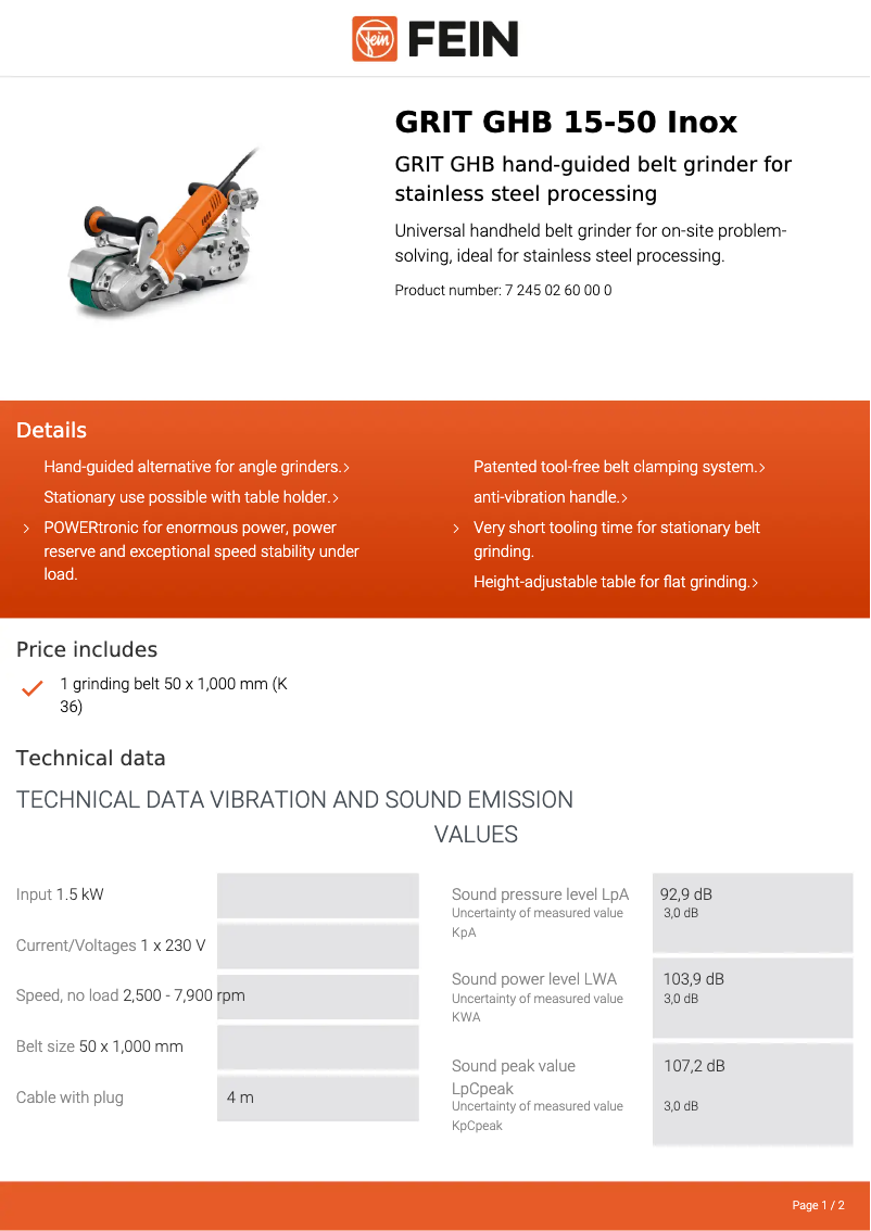 Page 1 de la notice Fiche technique Fein GRIT GHB 15-50 Inox