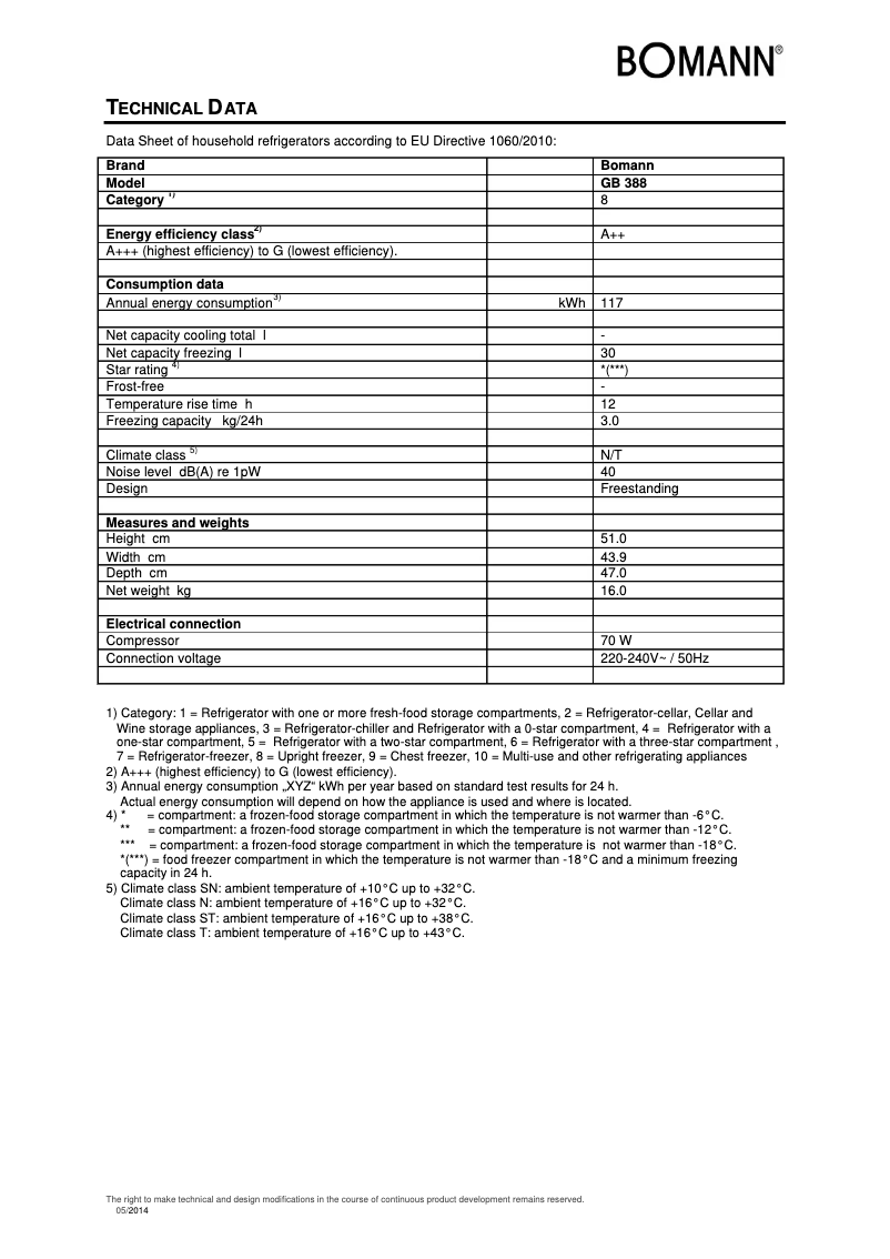 Page 1 de la notice Fiche technique Bomann GB 388