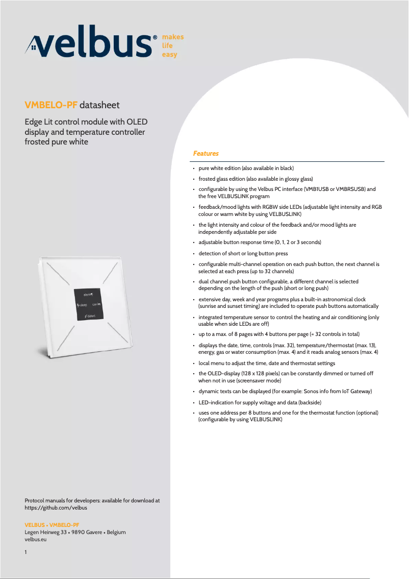 Page n°1 - Fiche technique Velbus VMBELO