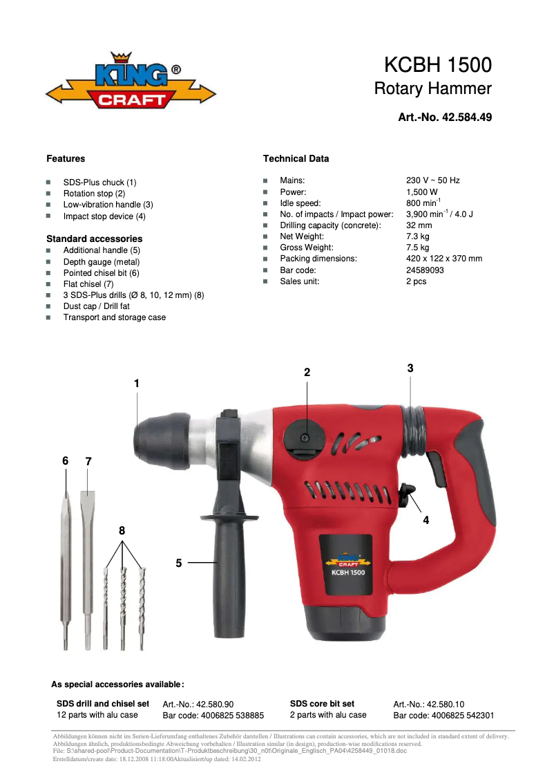 Page n°1 - Manuel utilisateur King Craft KCBH 1500